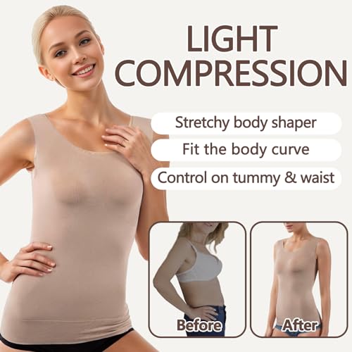 Image of +MD Women's Seamless Short Sleeve Undershirt, Light Compression Scoop Neck Tank Top, Tummy Control Basic Tee Camisole