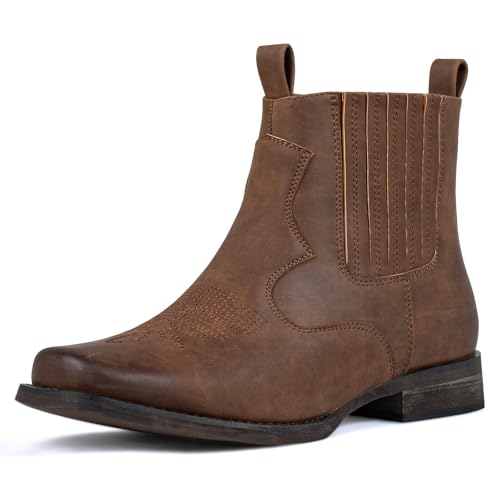 J's.o.l.e Ankle Cowboy Boots for Men Square Toe Western Boot Classic Casual Mens Chelsea Boot Brown
