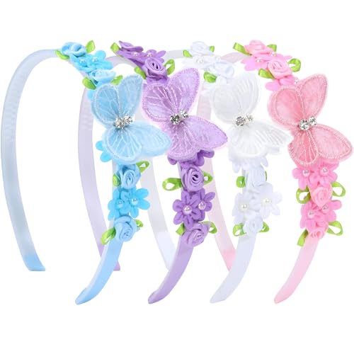 Zimocepuz Schleife Haarreifen Damen, 4 Haarreifen mit Schleife und Blumen Strass, rutschfestes Reifenzubehör für Mädchen, Kleinkinder, Kinder, Jugendliche