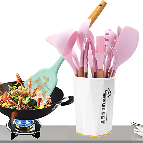 Utensilios de Cocina de Silicona, Set de 11 Juego de utensilios de cocina de silicona Antiadherente con Mango de Madera, espatula cocina para Utensilios,resistente al calor,sin BPA(rosado) Cover