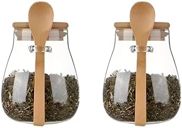 DNIENKGE Recipiente de almacenamiento hermético de vidrio con tapa de bambú Juego de 2, boca ancha, a prueba de fugas, con una cuchara, se puede utilizar para granos de café, hojas de té, granos,