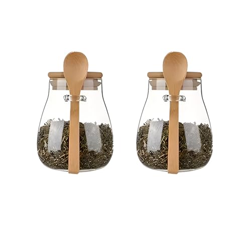 DNIENKGE Airtight glass jar storage container with bamboo lid Set of 2, wide mouth, leak-proof, With a spoon, can be used for coffee beans, tea leaves, grains, dried fruits, etc (Small)