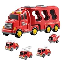 Fire Engine Toys, 5 In 1 Fire Truck Toy with Sound & Light, Helicopter, Ladder Truck, Sprinkler, Fire Car Carrier Transport Vehicle, Friction Power Fires Engine Toy for Christmas Birthday Gifts, Red