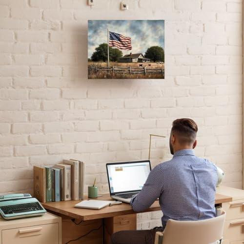 Image of Patriotic Wall Art Decor - Vintage American Flag Canvas Print, Framed USA Patriotic Decorations for Home, Fourth of July Decor, Red White Blue Wall Decor for Living Room, Classroom,Bedroom & Office Gifts for Family Member and friends