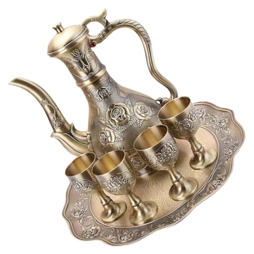 JOINPAYA Vintage Turkish Coffee Pot and Metal Wine Vessel Collection with 500ml Carafe, 50ml Cups, and Tea Tray – Antique Bronze Rose Embossed Six-Piece Drinkware for Home Tea Parties and Tables