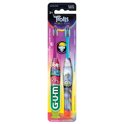 Escova Dental Infantil GUM Trolls, cerdas macias e limpador de língua, 2 unid, Gum, Sortidas