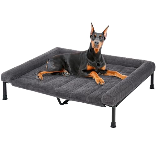 Veehoo Orthopedic Elevated Dog Bed with Fluffy Plush Cushion, Washable Raised Dog Bed with Removable Bolster Mat, Breathable Mesh, No-Slip Feet, Heavy Duty Pet Cot for Large Dogs, 59 x 37 inches, Grey