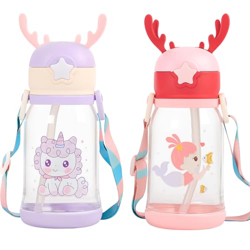 Image of Antlers Water Bottle For Kids 600ml BPA Free | Soft Silicone Sipper Transparent Bottle for Boys & Girls | Reusable Leak Proof with Strap for School,Sports,Travel &Outdoor Use - Pack of 2(Pink& Purple)