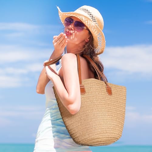 Image of Pleneal Straw Beach Bags for Women - Women Beach Handmade Woven Tote Bag, Summer Mesh Hollow Shoulder Bag for Holiday