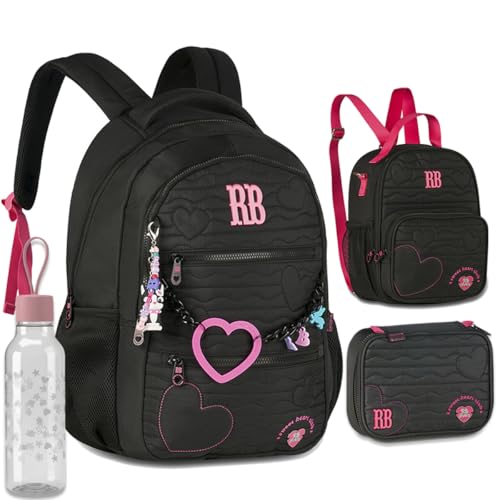 Kit Mochila Escolar Rebecca Bonbon RB 27014 Preta com Lancheira, Estojo box e Garrafinha