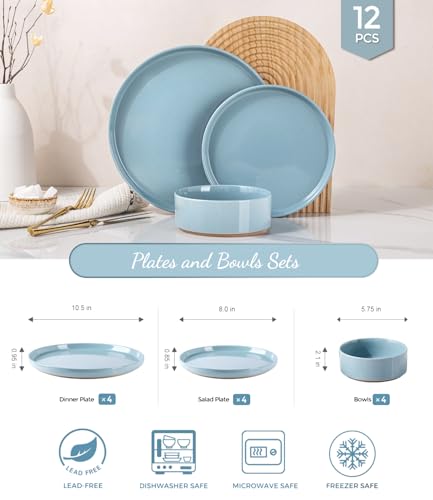 Image of AmorArc Ceramic Dinnerware Set for 4 | Speckled Stoneware Plates and Bowls with unglazed terracotta | Scratch Resistant, Dishwasher & Microwave Safe Dishes Sets- 12-Pcs Blue