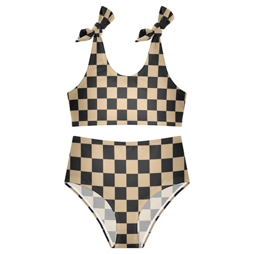 Girls Tankini Swimsuit 2 Piece Brown Plaid Chessboard Summer Bikini Bathing Suit 7-8T