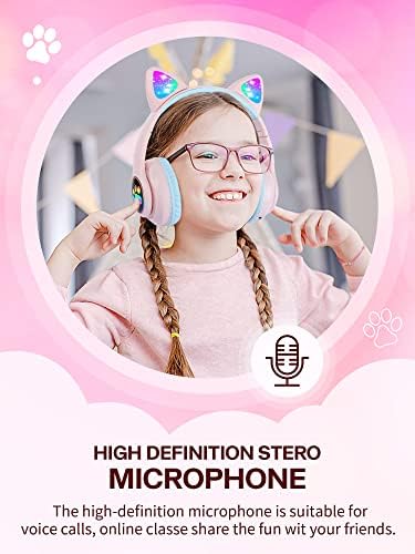 SENCU Kids Bluetooth Headphones, Cat Ear LED Light Up Foldable Kids Wireless Headphone,HD Stereo Sound Childrens Headphones Built in Microphone for PC/Phone/iPad/Study/Travel