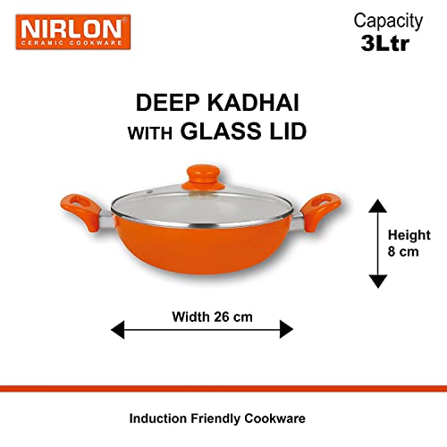 Image of NIRLON New Reinforced 4 Layer Ceramic Coating Non Stick Induction Dosa Tawa, 2 Deep Kadhai With Glass Lid, Grill Pan & Deep Casserole with Glass Lid Orange (Aluminium, Stainless Steel, Bakelite, Glass)Orange Colour.