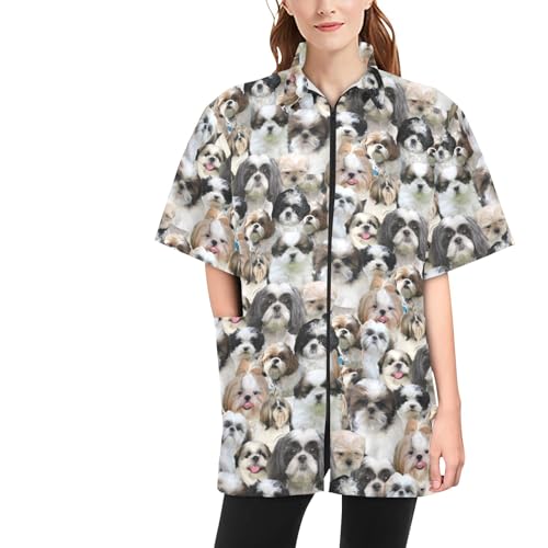 COWCUTE Pet Grooming Jacket for Shih Tzu Lover, Waterproof Dog Groomer Smock, Shih Tzu Print Pet Groomer Jacket for Women Men