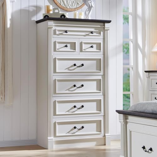 Image of Farmhouse 7 Drawers Dresser for Bedroom, 57 inch Tall Dressers & Chests of Drawers w /Roman Column, Large Storage Dressers Organizer for Bedroom, Hallway, Living Room, White