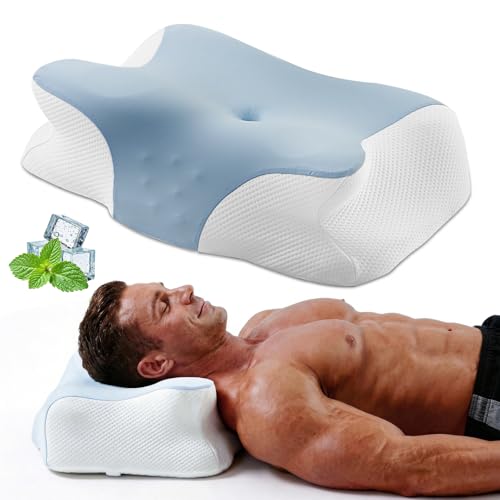 Light blue king cervical contour pillow — an orthopedic shape with adjustable height inserts