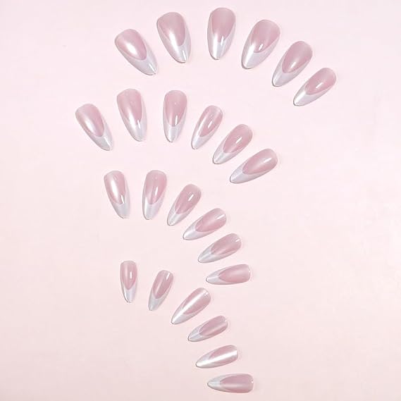 French Tip Press on Nails Medium Almond Fake Nails Cat Eye Chrome False Nails Press ons Glossy Pink Glue on Acrylic Nails for Women Manicure Deco 24Pcs