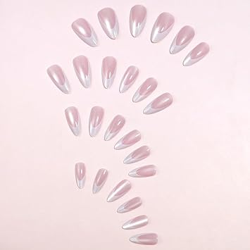 French Tip Press on Nails Medium Almond Fake Nails Cat Eye Chrome False Nails Press ons Glossy Pink Glue on Acrylic Nails for Women Manicure Deco 24Pcs