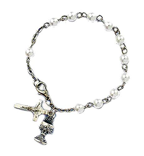 Girls Imitation Pearl Rosary Bracelet with Chalice & Cross Charm, 6mm Bead