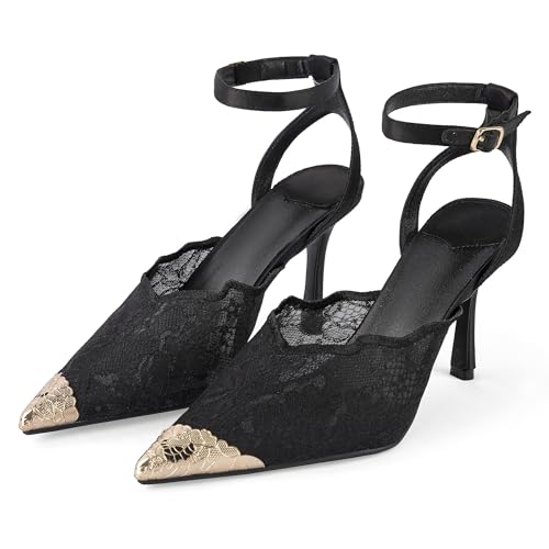 Kluolandi Women's Lace Pumps with Metal Pointed Toe Breathable Mesh Summer Ankle Strap Stiletto High Heels Wedding Bride Shoes Black Size 8.5