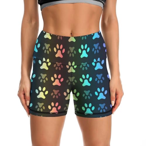 Rainbow Paw Footprint Animal Pattern High Waist Yoga Shorts for Women Athletic Shorts Leggings Running Pants