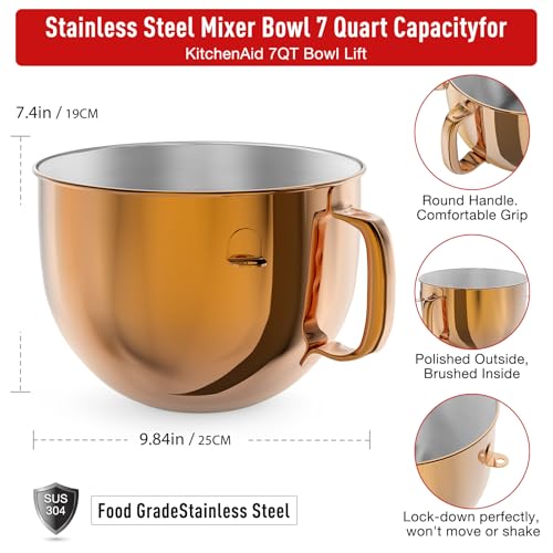Image of 7QT Stainless Steel Mixer Bowl for Kitchenaid Stand Mixers, Kitchen Aid Mixing Bowl for 7QT Lift Mixer with Handle Copper