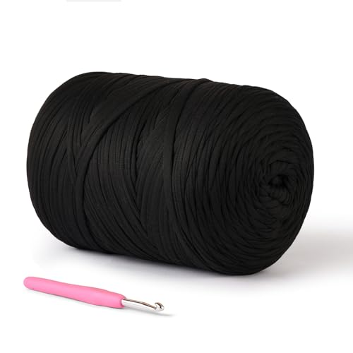 (800g/228yds) T Shirt Yarn, Soft Tshirt Crochet Yarn for Crafts and DIY Knitting Crocheting Cloth/Bag/Basket/Coaster, 100% Polyeste Elastic Fabric Chunky Thick Yarns for Crocheting?Black?