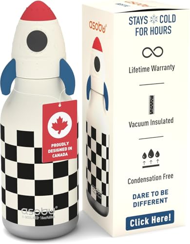 asobu Bestie Bottle Insulated Stainless Steel Water Bottle with Detachable Soft Animal Head Fun Drinking For Kids and Teens with Flexible Reusable Straw 16 Ounce (Rocket Checker Bottle)
