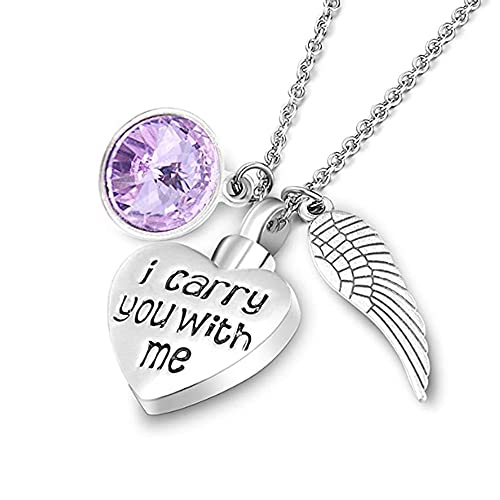 BOSAIYA AZ Cremation Urn Bijoux gravé en Portant toi avec Moi Breaktone Ashes Keepksake Collier Memorial-Coeur avec Pendentif d'ange Wings T1029 (Metal Color : February)
