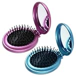 2 Pcs Foldable Round Hairbrush with Mirror Portable Compact Hair Brush Mini Hair Comb Mini Travel Hair Brush Pocket Hair Brushes for Men Women and Girls (Blue, Purple)
