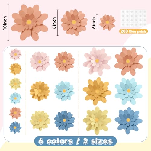 Image of MotiMind 18 Pcs Paper Flowers Decorations for Wall DIY Flower Bulletin Board 3D Paper Floral Backdrop Decoration Photo Backdrop Classroom Back to School Birthday Party(Macaron Color,6 inch 8 inch 10 inch)