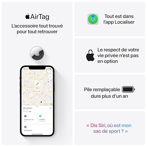 Apple AirTag (1ᵉ génération). Repérer Votre Trousseau de clés, Porte-Feuille, Valise, Sac. Résistant à l'eau. Batterie remplaçable. Compatible avec iPhone ou iPad.