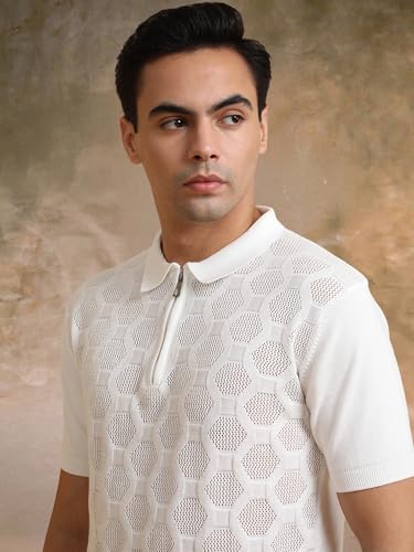 Image of Maniac || Mens || Solid Textured || Half Zip || Polo Neck || Half Sleeve || Cotton || T-Shirt