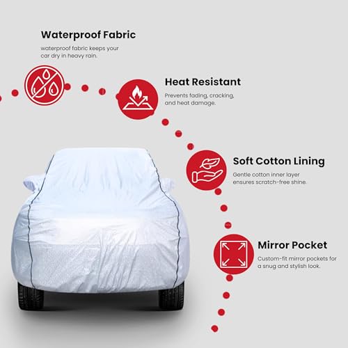 Image of AYSHU Waterproof Car Cover Compatible with TATA Curvv | Mirror & Antenna Pocket | Anti-Scratch Soft Cotton Inner Layer | Triple Stitched | Heat Resistant Metallic Silver | All-Weather Protection