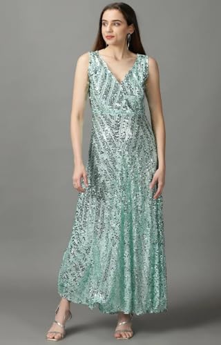 Image of SHOWOFFFF Women Embellished Wrap Party Dress | V Neck Sleeveless Cotton Dress for Womens | Maxi Dress for Women's