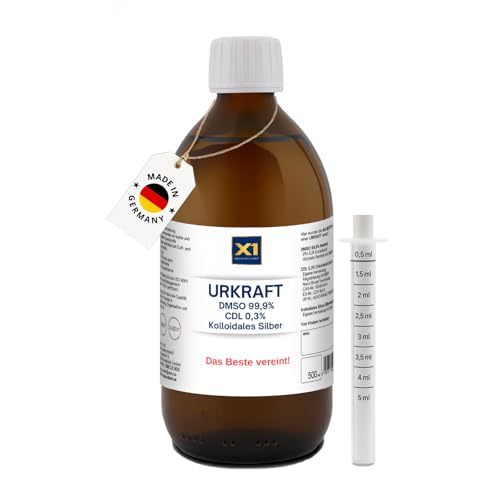 X1 URKRAFT – Kolloidales Silber 500ml / 50 ppm + DMSO 99,9% + CDL 0,3% – 3 in 1 Silberwasser vegan, Laborgeprüft, ohne Zusatzstoffe ISO-zertifiziert, aus Braunglas - Made in Germany