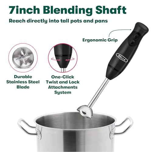 BELLA Immersion Hand Blender, Portable Mixer with Whisk Attachment - Electric Handheld Juicer, Shakes, Baby Food and Smoothie Maker, Stainless Steel, Black