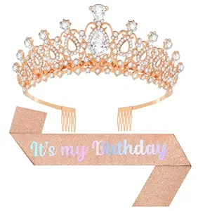 Birthday Tiara and Crown with Sash, Birthday Tiara for Women Party (Rose)
