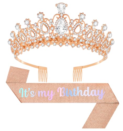 Birthday Tiara and Crown with Sash, Birthday Tiara for Women Party (Rose)