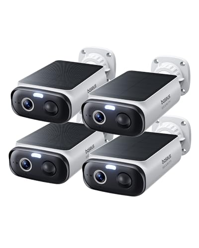 Baseus Solar Security Cameras Wireless Outdoor S1 Lite 4-Cam Kit 2K Solocam Continuous Power Color Night Vision AI Human Detection IP67 No Monthly Fee Compatible with Alexa & Google Home
