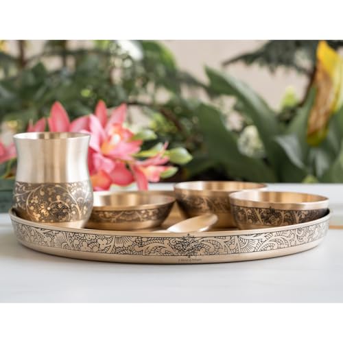 Image of Indian Art Villa Bronze 6 Pcs Thali Set with Matt Embossed Design, Traditional Bronze Dinner Thali for Indian Meals, Festive Dining & Heritage Gifting, 11.5 Inch