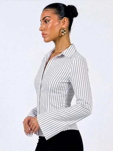 Image of Aahwan Striped Button Down Flared Bell Long Sleeve Casual Shirt for Women's & Girl's
