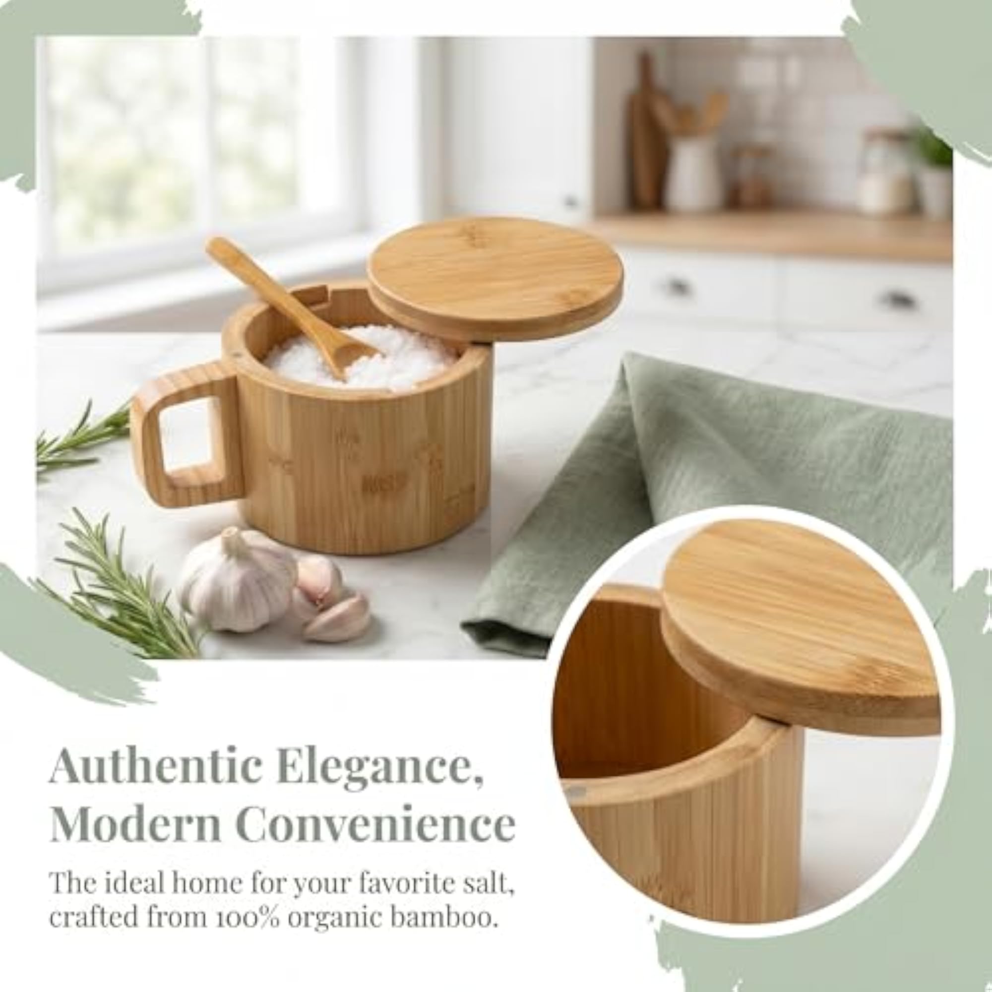 Bamboo Salt Cellar with Handle, Magnetic Swivel Lid & Spoon