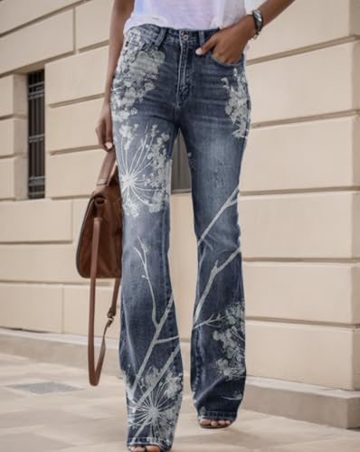 Womens Denim Printed Floral Graphic Elastic Waist Palazzo Pants Casual Loose Wide Leg Zipper Trousers with 2 Pockets2