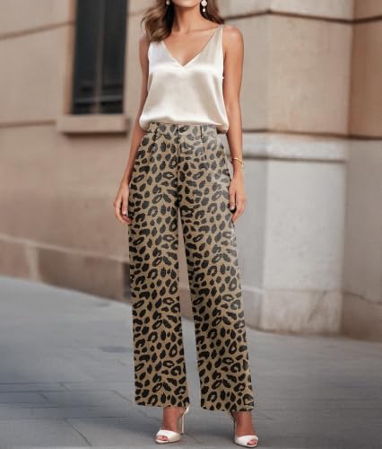 Image of Feiersi Womens Casual Wide Leg Pants High Waisted Button Down Straight Long Trousers Palazzo Pants