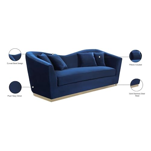 Meridian Furniture Arabella Collection Modern | Contemporary Velvet Upholstered Sofa With Rich Gold Stainless Steel Base, Navy, 90" W X 35" D X 32.5" H #TOP4