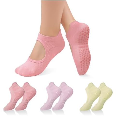 Bosaen 3 Pairs Grip Socks Pilates, Yoga Socks for Women Non-Slip with Top Hollow and Tail Heightened Design, Ideal for Pilates, Barre, Ballet, Dance, Barefoot Workout (One Size) Cover