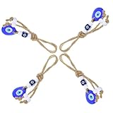 TOMETURE Amuleto Protector Mal de Ojo Azul Estilo Turco de 4 Piezas, Adorno Colgante de Pared de Vidrio y Resina con Cuerda de Cáñamo para Decoración en Ventana y Colección