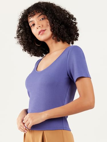Image of Athena Lifestyle Women and Girls Blue Polyester Round Neck Short Sleeves Solid Blouson Casual Tops